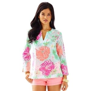 Lilly Pulitzer Amelia Island Tunic Blouse Top Poolside Blu Beach Walk Slits M